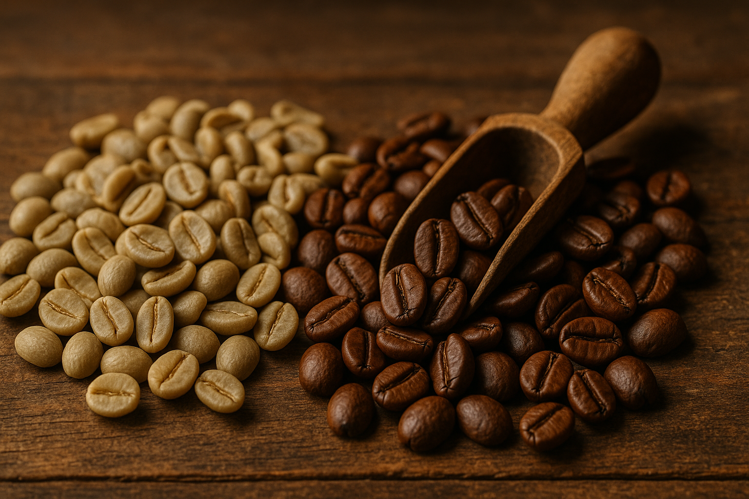 Granos de café verde y tostado junto a herramientas de tueste artesanal