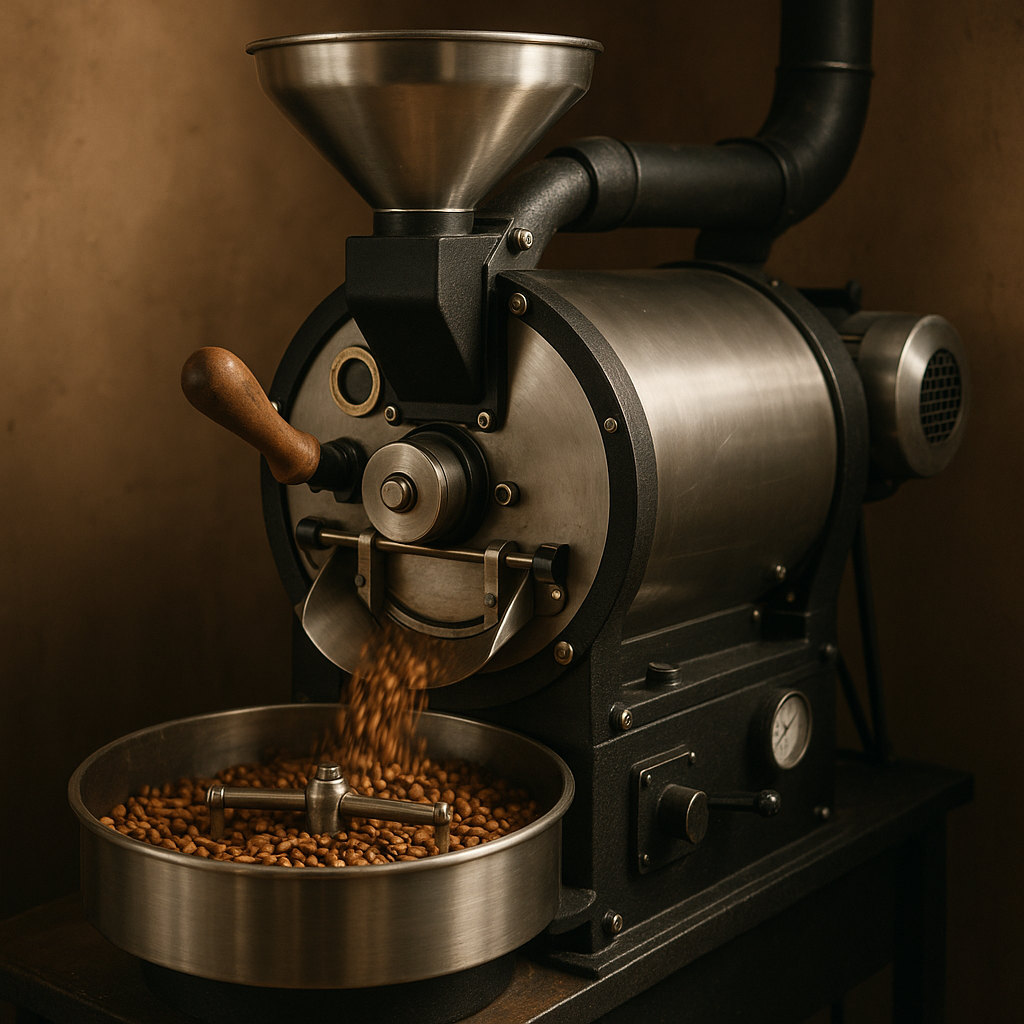Tostador artesanal en funcionamiento con granos de café dorándose