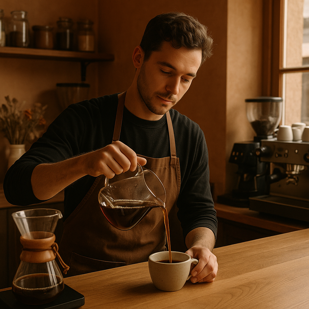 Barista sirviendo un café filtrado en la barra de Tueste Norte