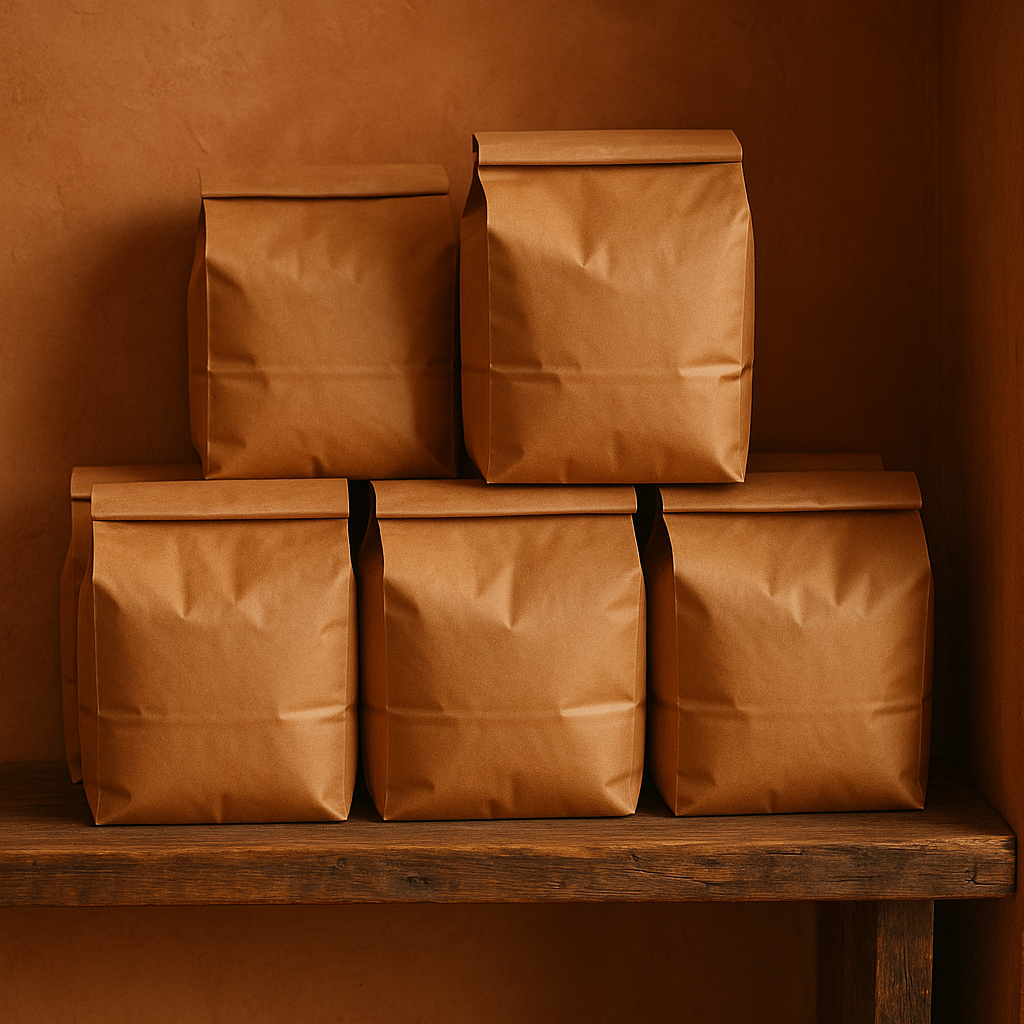 Bolsas de café tostado listas para la venta en el mostrador
